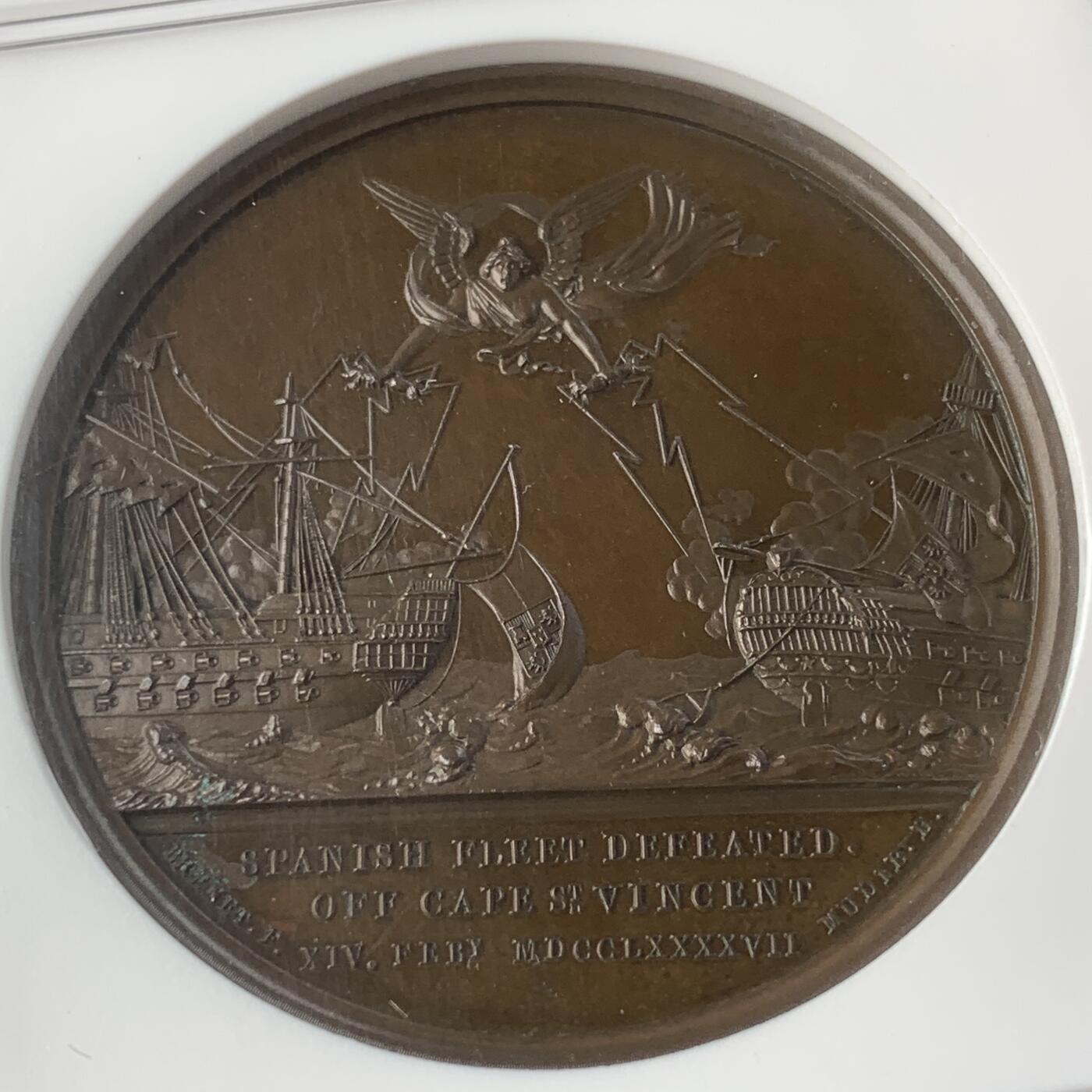 掌中浮雕-藏着的欧洲第059场 NGC MS64 : 1797英国海军圣文森特角海战击败西班牙舰队纪念铜章，41mm，类镜面底板