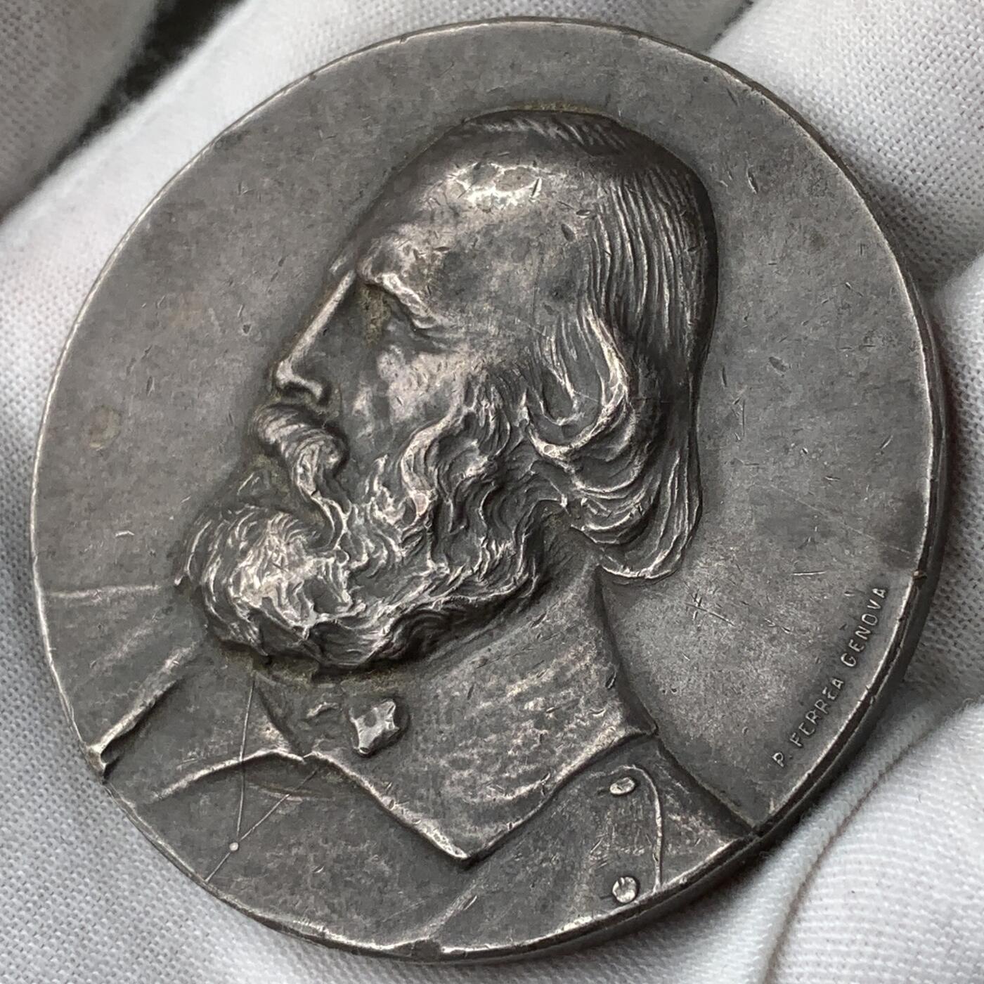 掌中浮雕-藏着的欧洲第059场 1910年意大利颁发的朱塞佩·加里波第(Giuseppe Garibaldi)“千人远征”50周年纪念银章，55mm，90.5g