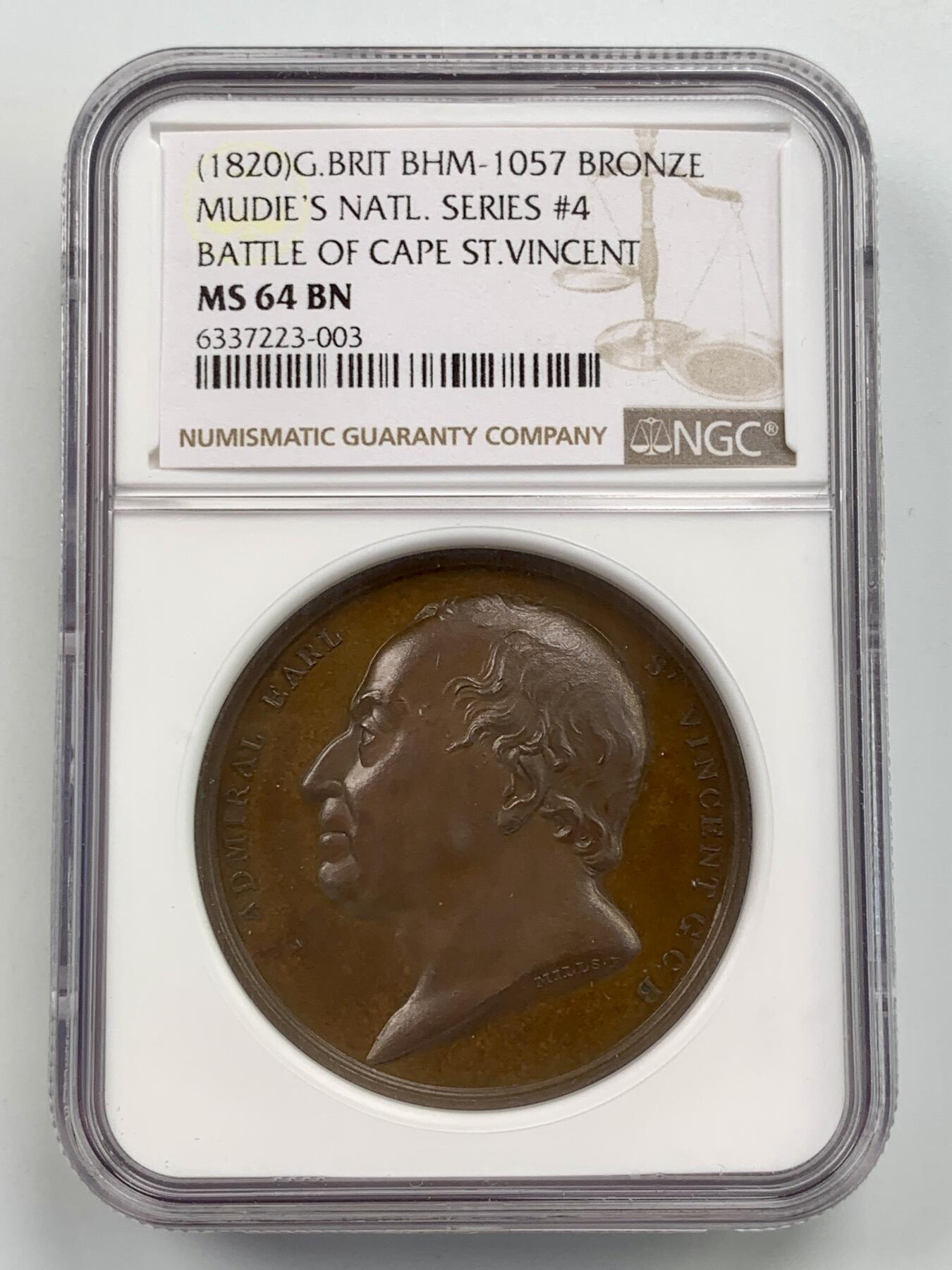 掌中浮雕-藏着的欧洲第059场 NGC MS64 : 1797英国海军圣文森特角海战击败西班牙舰队纪念铜章，41mm，类镜面底板