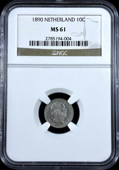 【雨安】【直播拍卖】【评级币章-132期】 2026-04-25 周六 19:30 (金价1050, 银价18.60)  [评级欧洲] Netherlands 荷兰 王国 10分 1890年 威廉三世  NGC-MS61 粉光小银币