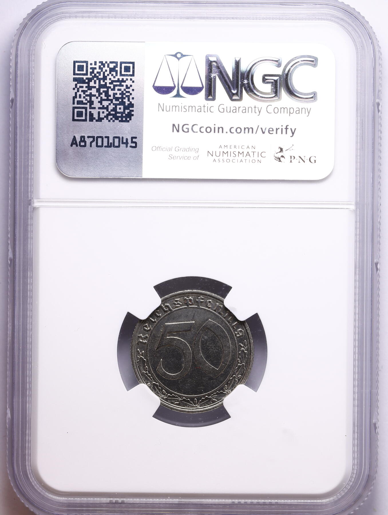 观钱 近现代机制币拍卖No.009（全场顺丰包邮，不区分偏远地区）  1938-A 德国第三帝国 50 芬尼 NGC UNC Details (Scratches)