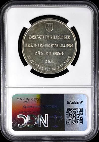 【雨安】【直播拍卖】【评级币章-132期】 2026-04-25 周六 19:30 (金价1050, 银价18.60)  [评级欧洲] Switzerland 瑞士 5法郎 1939年 苏黎世博览会 KM# 43  NGC-MS65