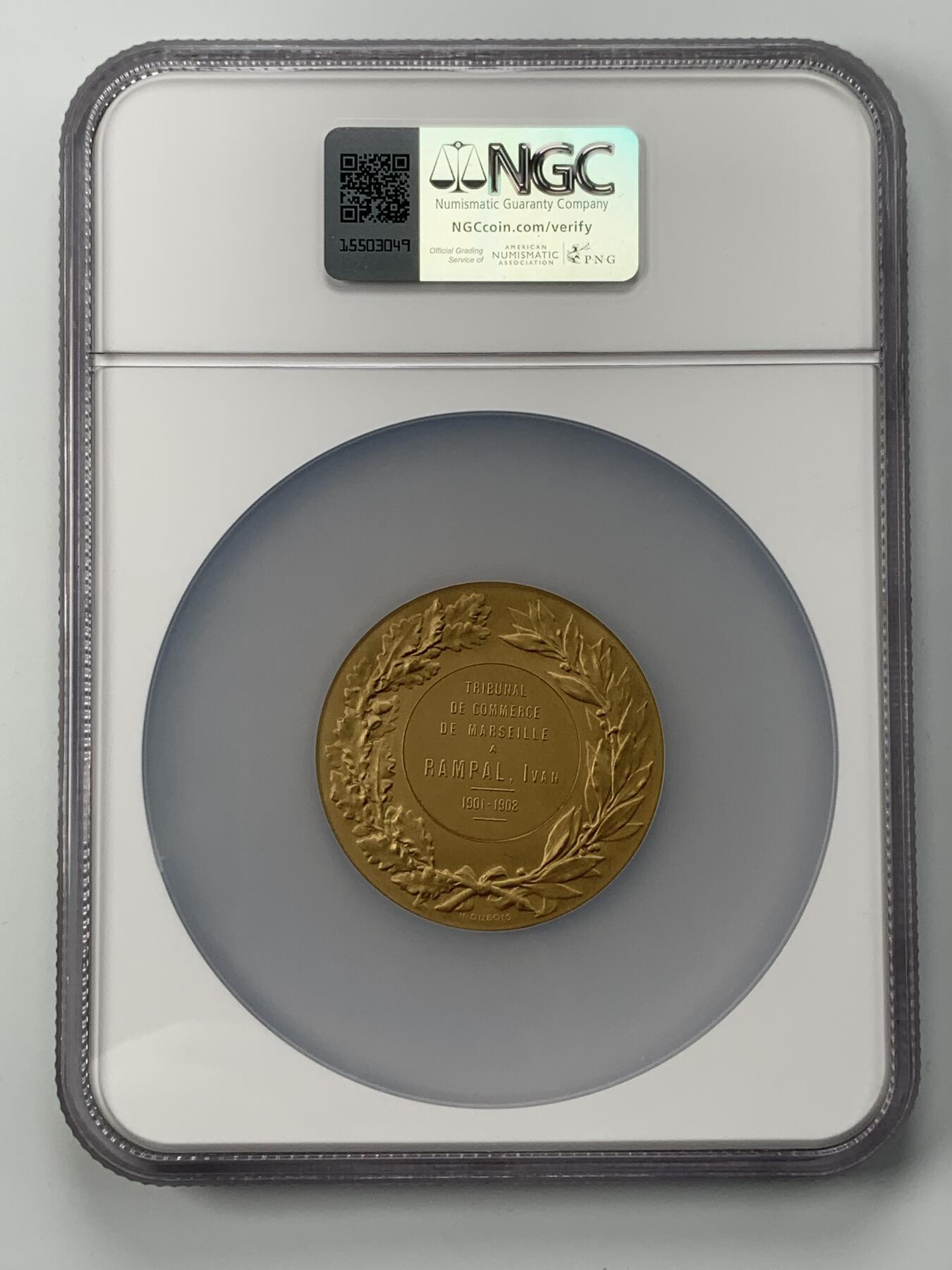 掌中浮雕-藏着的欧洲第059场 NGC MS66 ：1908年法国马赛商业法庭镀金银章，50mm