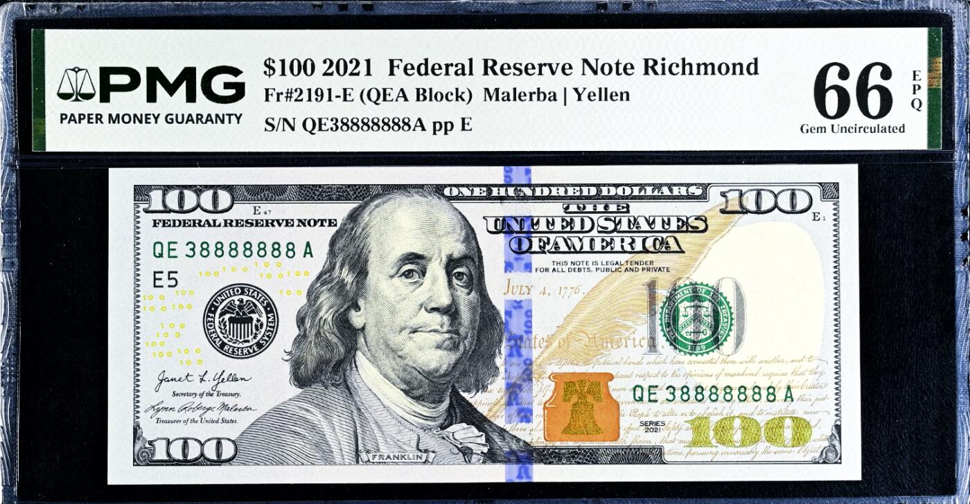 【Blue Auction】世界纸币精拍第812期——18级TOP拍卖/信誉/品质/专业/高效💫    【靓号38888888 恐龙8 近全同8 无47 少见里士满版】美国 2021年100美金 PMG66EPQ （“3”就是半个“8”相当于7.5个8 号码很漂亮 非常有趣）