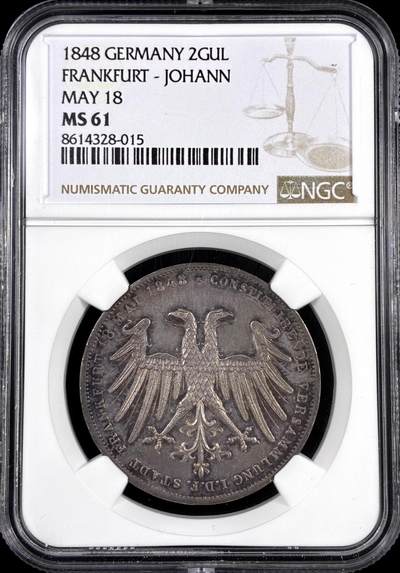 【雨安】【直播拍卖】【评级币章-132期】 2026-04-25 周六 19:30 (金价1050, 银价18.60)  [评级德国] Germany 德国 德意志 2盾 Frankfurt法兰克福 Thun.135 KM#0338 (1848) 奥地利大公 1848年  NGC-MS61