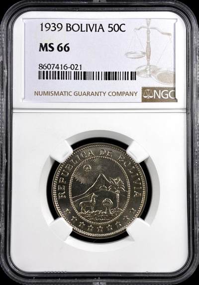 【雨安】【直播拍卖】【评级币章-132期】 2026-04-25 周六 19:30 (金价1050, 银价18.60)  [评级美洲] Bolivia 玻利维亚 50分 1939年  NGC-MS66