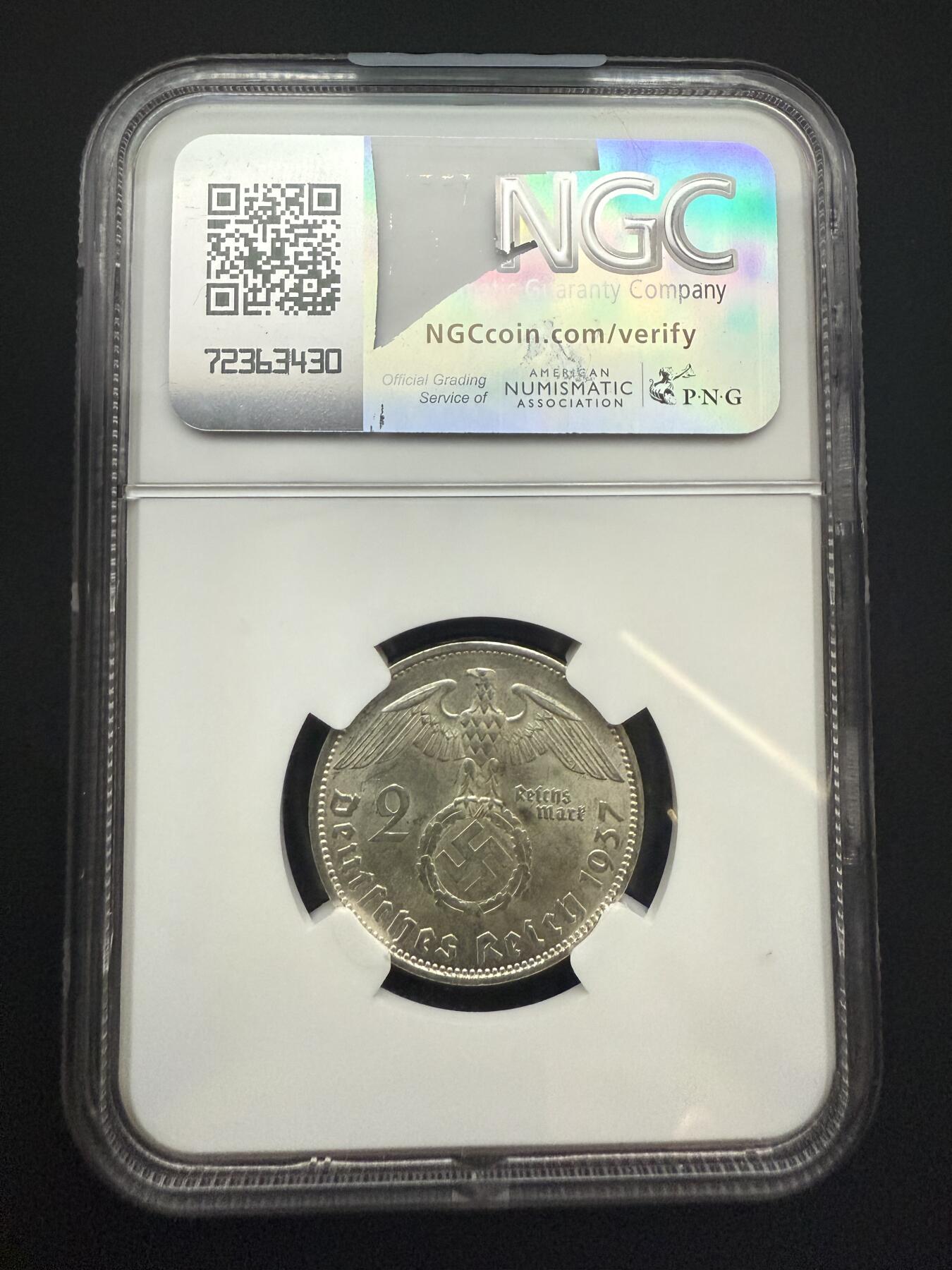 【周六 19:30】乾藏阁外国银币专场・裸币 / 评级币 + 银章铜章 保真包老 德国1937年A厂版 2马克兴登堡银币 NGC MS63