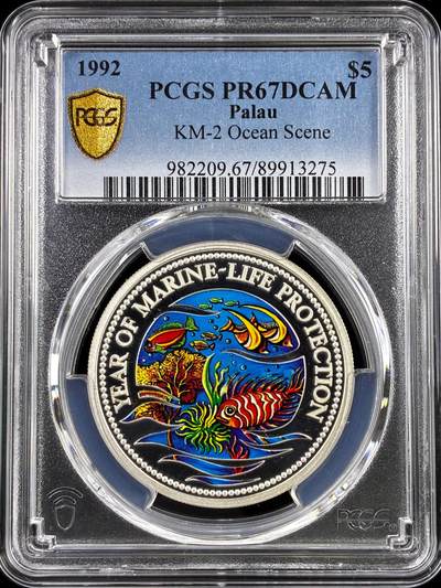 【雨安】【直播拍卖】【评级币章-132期】 2026-04-25 周六 19:30 (金价1050, 银价18.60)  [评级现代] Palau 帕劳 5元 1992年 海洋景观 PCGS-PR67DCAM 精制币