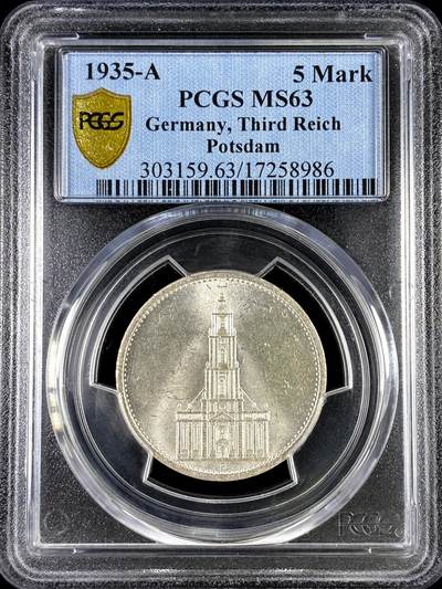 【雨安】【直播拍卖】【评级币章-132期】 2026-04-25 周六 19:30 (金价1050, 银价18.60)  [评级德国] Germany 德国 第三帝国 5马克 教堂 1935年A  PCGS-MS63