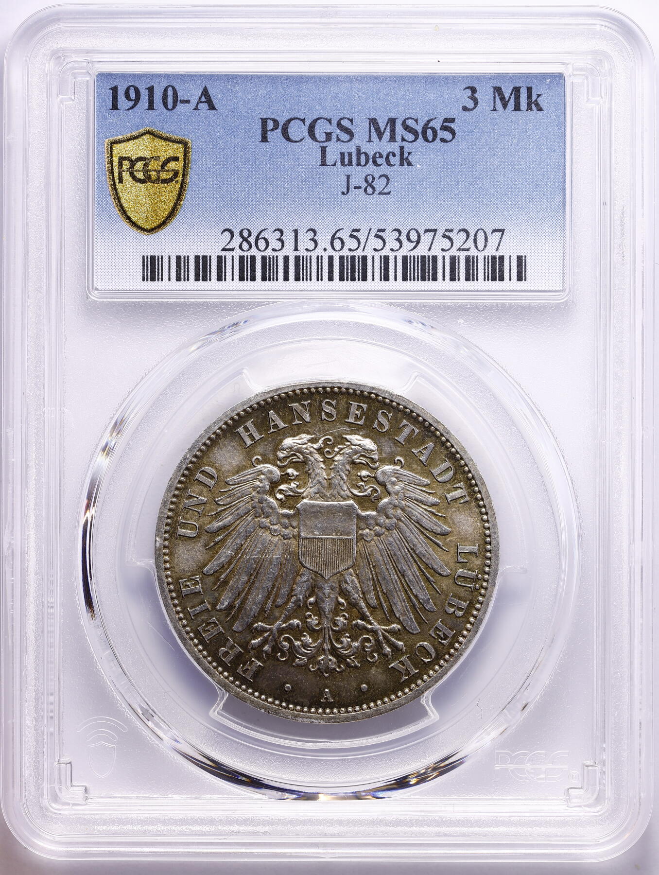 观钱 近现代机制币拍卖No.009（全场顺丰包邮，不区分偏远地区）  1910-A 德国吕贝克自由市 3 马克银币 PCGS MS65（双头鹰及背面帝国长翅鹰帅气精致，底板带金色彩包浆）