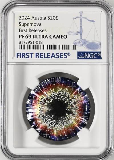 S&S Numismatic世界钱币-拍卖 第126期  奥地利2024年 奇妙宇宙现象超新星 20欧精制凹凸彩色纪念银币NGC PF69UC首期蓝标，冠军分，盒证齐全