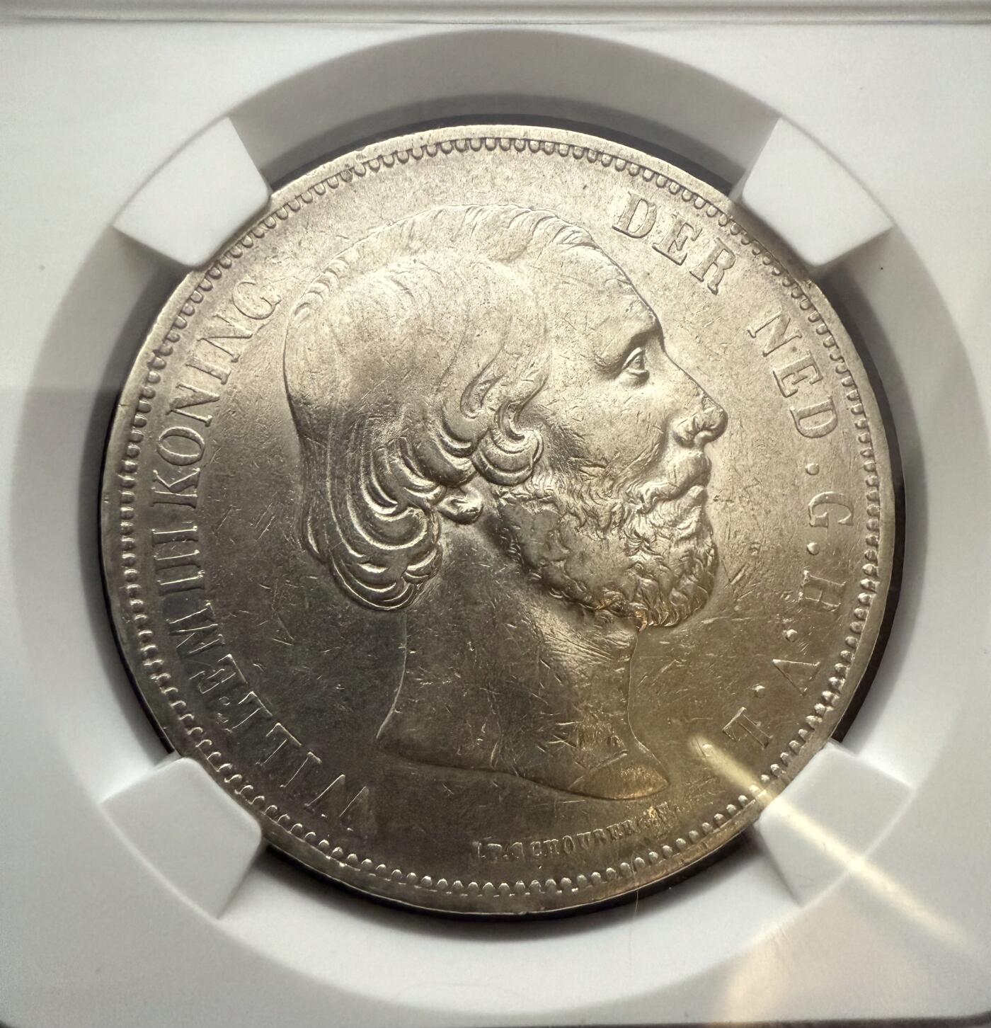 【周六 19:30】乾藏阁外国银币专场・裸币 / 评级币 + 银章铜章 保真包老 荷兰1874年威廉三世2.5盾银币（带剑鞘版） NGC XF Details