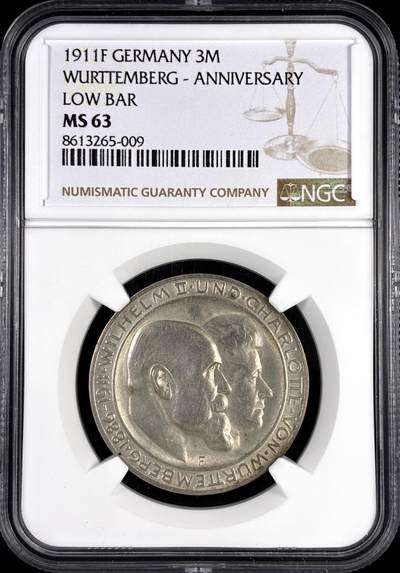 【雨安】【直播拍卖】【评级币章-132期】 2026-04-25 周六 19:30 (金价1050, 银价18.60)  [评级德国] Germany 德国 帝国 J.177a 符腾堡 3马克 (1911) 银婚 1911年  NGC-MS63