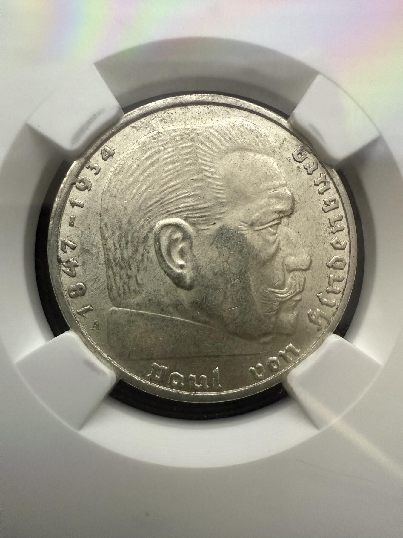 【周六 19:30】乾藏阁外国银币专场・裸币 / 评级币 + 银章铜章 保真包老 德国1937年A厂版 2马克兴登堡银币 NGC MS63