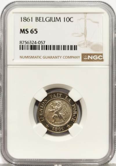 博洋堂“生趣盎然”4月精品专场暨第169期（全场包邮） NGC MS65 比利时1861年10分 罕见BU状态超高分辅币,币面略带镜面效果并覆盖有自然氧化包浆，设计经典大气的一枚