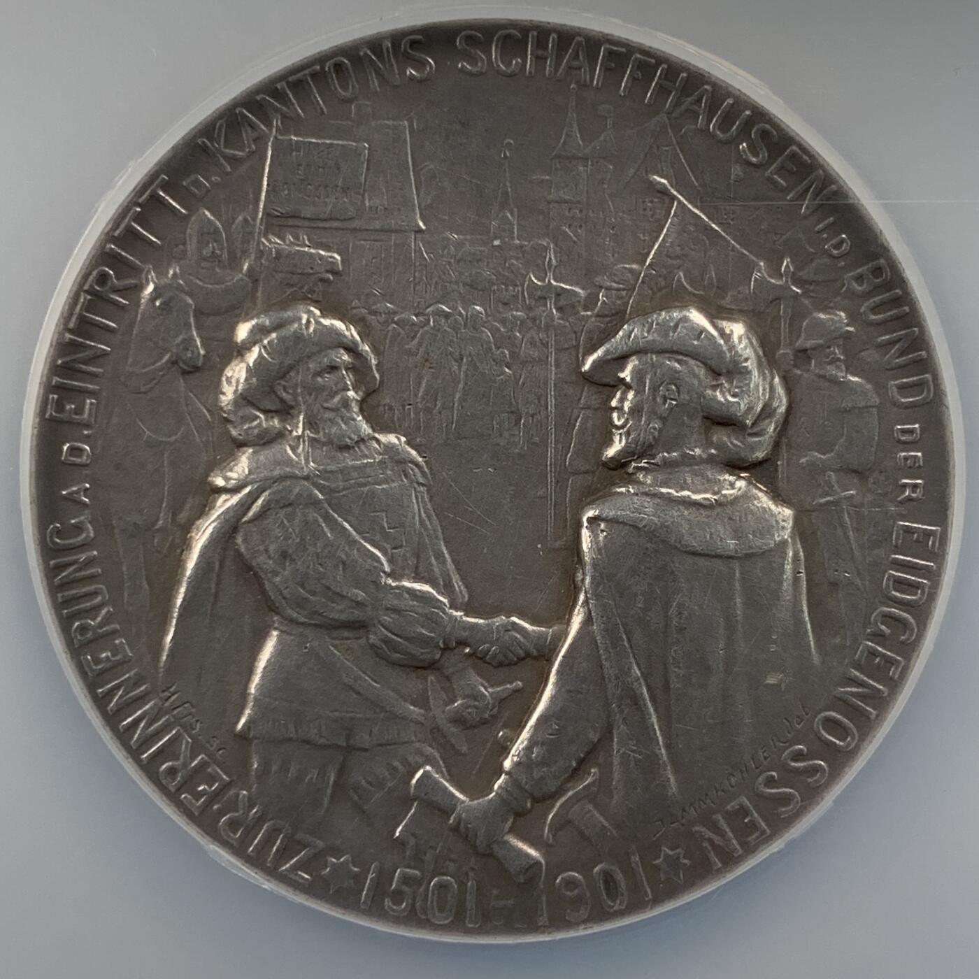 掌中浮雕-藏着的欧洲第059场 NGC MS63 : 1901年沙夫豪森加入瑞士联邦400周年银章，48mm