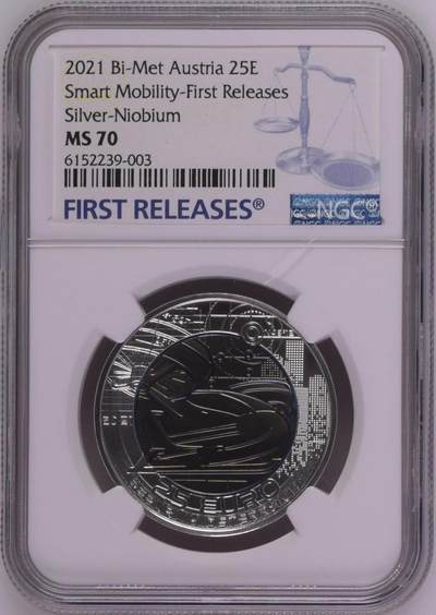 S&S Numismatic世界钱币-拍卖 第126期  获奖币*奥地利2021年 智能出行 25欧元银+铌双色纪念币 盒证齐全 NGC MS70首期蓝标  冠军分