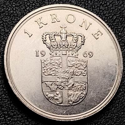 泉币菌-第230场-拍品多 请提前出价 原光美品 丹麦1969年1克朗 皇冠 弗雷德里克九世国王 25.5mm