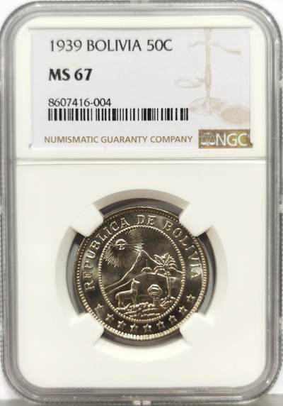博洋堂“生趣盎然”4月精品专场暨第169期（全场包邮） - NGC MS67 玻利维亚1939年50分镍币 经典太阳神和羊驼图案 底板平整 图文精致 热门品种 冠军分数