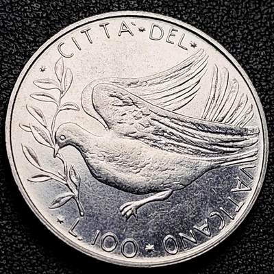 泉币菌-第230场-拍品多 请提前出价 原光极美 1974年梵蒂冈100里拉不锈钢幣 28mm 和平鸽橄榄枝 纪念币铜钱