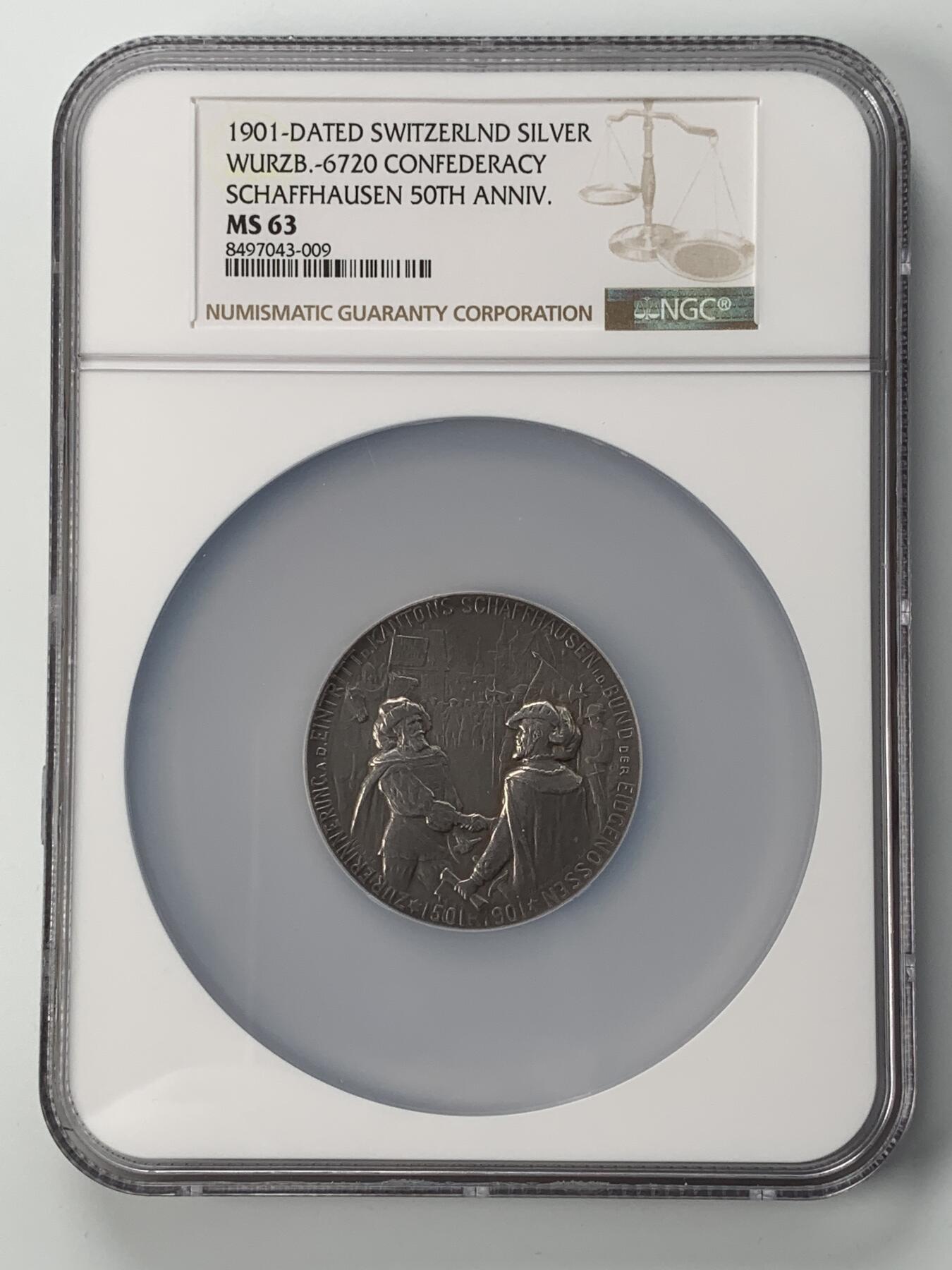 掌中浮雕-藏着的欧洲第059场 NGC MS63 : 1901年沙夫豪森加入瑞士联邦400周年银章，48mm