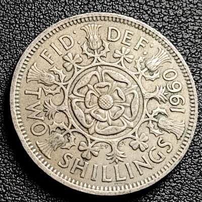 泉币菌-第230场-拍品多 请提前出价 英国早期1960年2先令老镍币 伊丽莎白二世青年女王头像 28.3MM