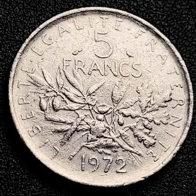 泉币菌-第230场-拍品多 请提前出价 法国早期（1972年）5法郎大镍币 29MM 播种女神 入欧前末版 绝版币