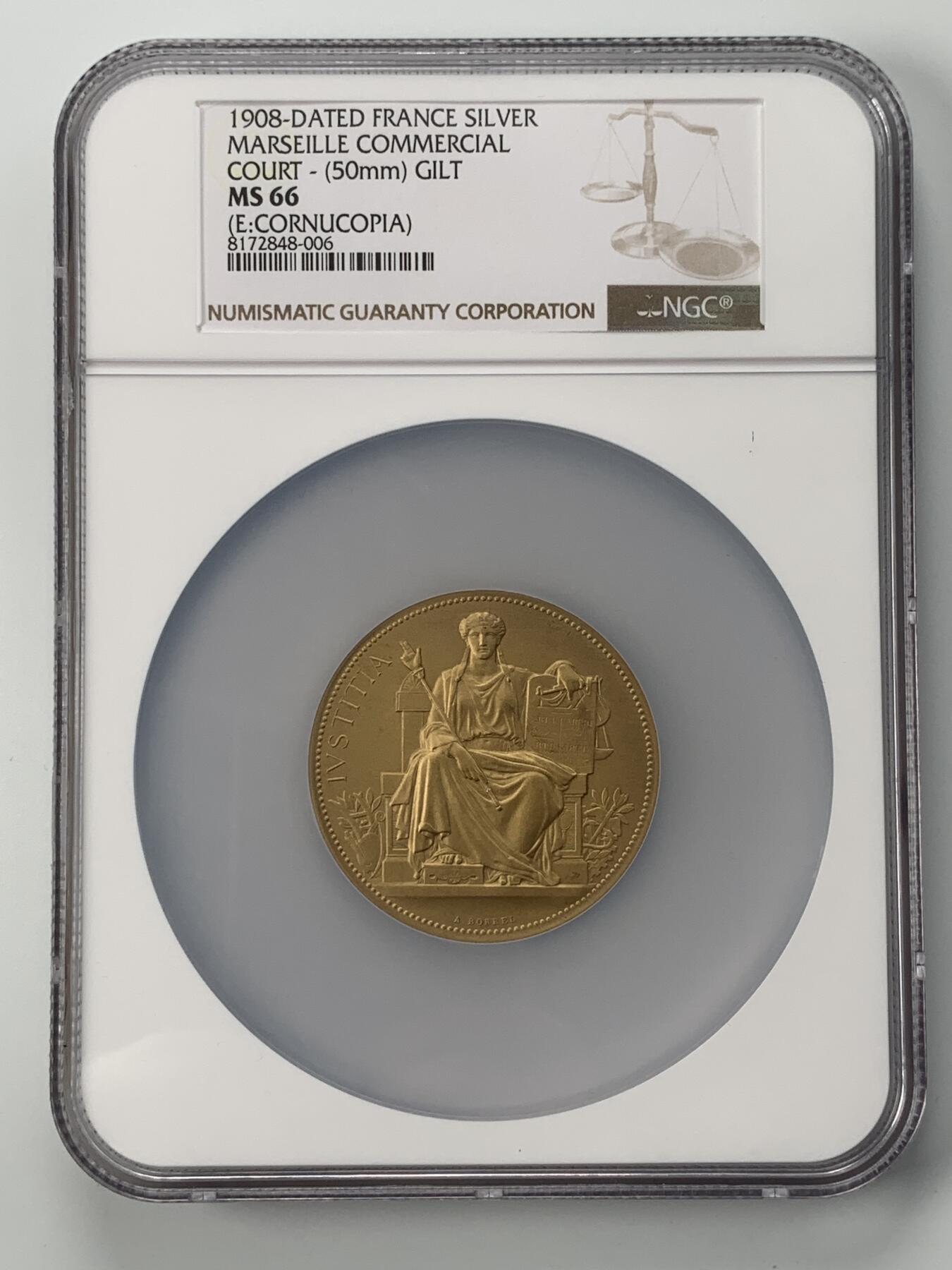掌中浮雕-藏着的欧洲第059场 NGC MS66 ：1908年法国马赛商业法庭镀金银章，50mm
