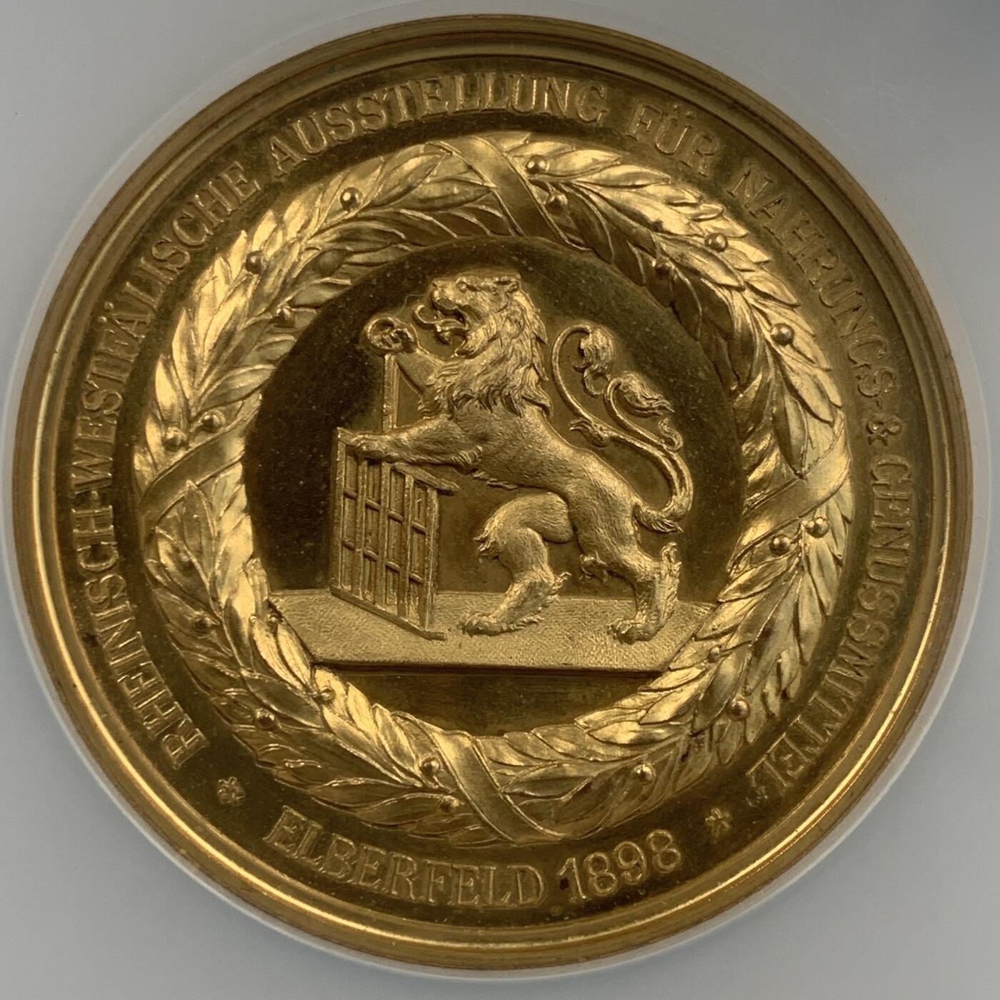 掌中浮雕-藏着的欧洲第059场 NGC MS63 : 1898年德国埃尔伯费尔德食品博览会镀金大铜章， 50mm 