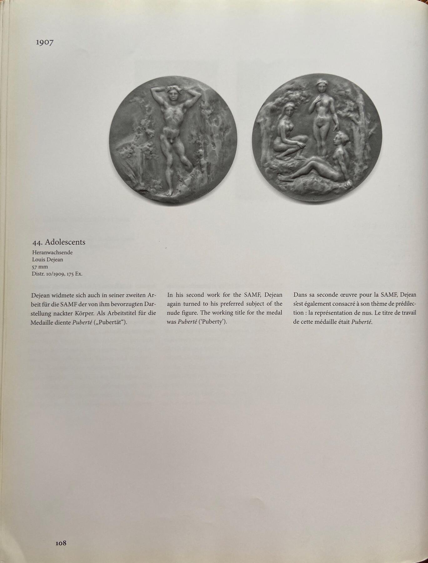 掌中浮雕-藏着的欧洲第059场 NGC MS62 : 1907年法国（SAMF）“青少年”铜章，57mm， 雕刻家：路易斯•德让 Louis Dejean，作品偏爱于裸体表现形式，这款是德让为SAMF协会创作的第二件作品。  Nicolas Maier法国优秀雕刻家作品书#044号  铜章发行量：109枚