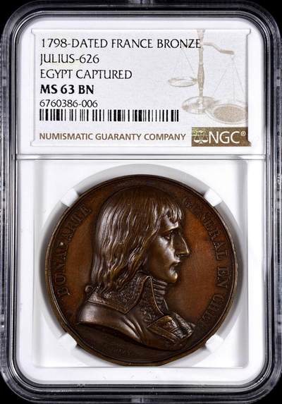 【雨安】【直播拍卖】【评级币章-132期】 2026-04-25 周六 19:30 (金价1050, 银价18.60)  [评级章] France [章] 法国 1798年 拿破仑一世征服埃及 铜章  NGC-MS63
