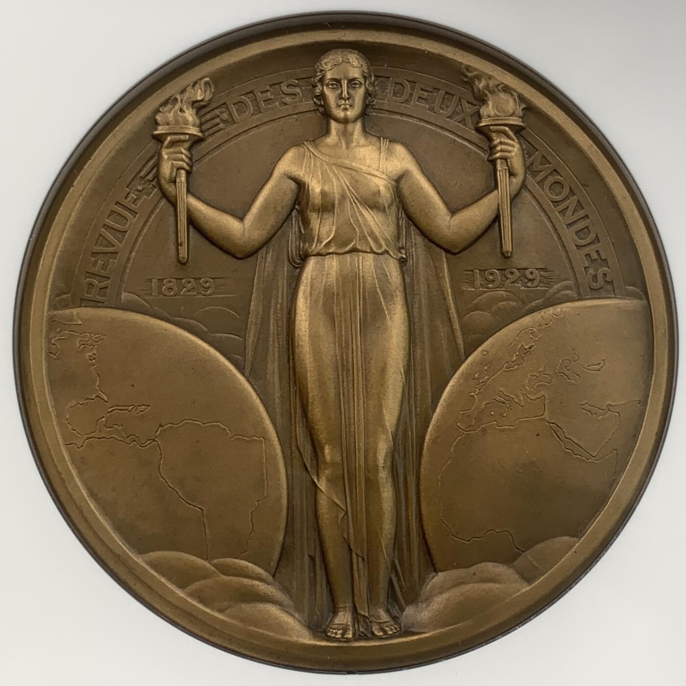掌中浮雕-藏着的欧洲第059场 NGC MS65 : 1929年法国“两个世界的审阅一百周年纪念”纪念铜章，98mm，裸章重约450克   