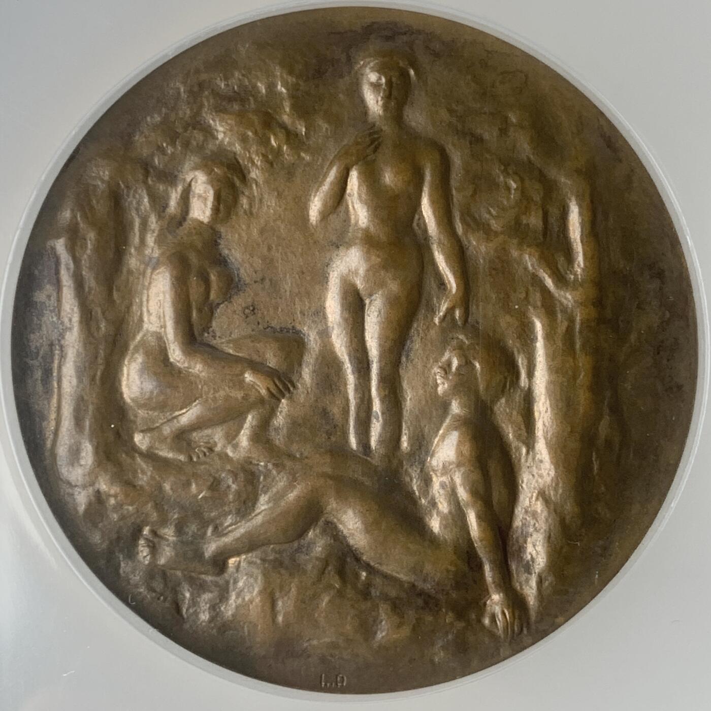 掌中浮雕-藏着的欧洲第059场 NGC MS62 : 1907年法国（SAMF）“青少年”铜章，57mm， 雕刻家：路易斯•德让 Louis Dejean，作品偏爱于裸体表现形式，这款是德让为SAMF协会创作的第二件作品。  Nicolas Maier法国优秀雕刻家作品书#044号  铜章发行量：109枚