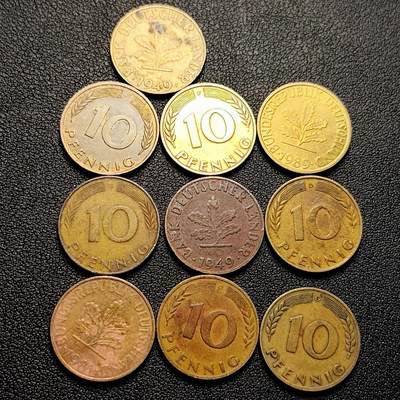 泉币菌-第229场-拍品多 请提前出价 10枚一组 联邦德国 多面值芬尼硬币 橡树 麦穗 银行版 混合年份