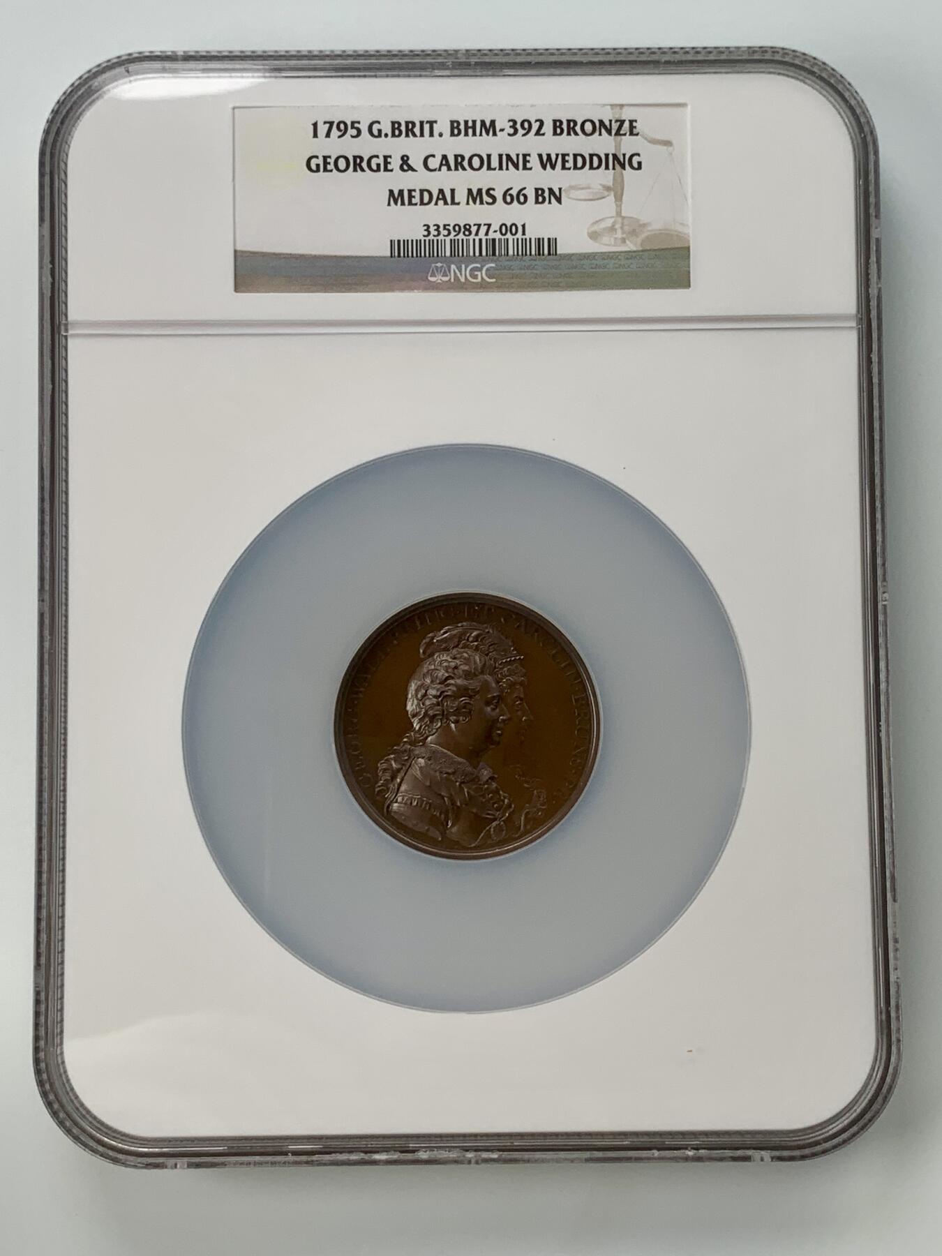 掌中浮雕-藏着的欧洲第059场 NGC MS66 : 1795年英国王储（乔治四世）大婚纪念铜章，48mm