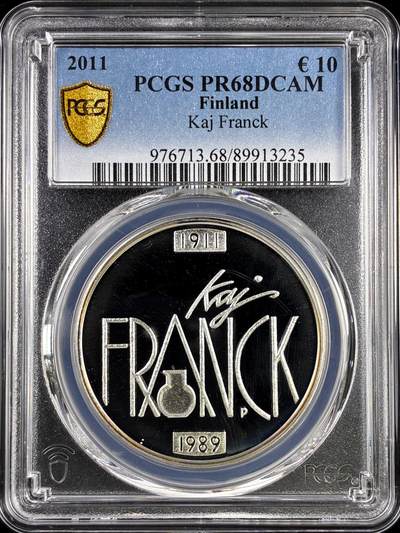 【雨安】【直播拍卖】【评级币章-132期】 2026-04-25 周六 19:30 (金价1050, 银价18.60)  [评级欧元] Finland 欧元 芬兰 10欧元 2011年 设计师凯·弗兰克 Kaj Franck PCGS-PR68DCAM 精制币