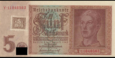 小福收藏拍卖第205期 裸钞场 本期有多张豹子号靓号  大量民国钞 百慕大样钞洋葱冠全套  阿富汗首年份查希尔国王和独立纪念碑 仅发行1000枚亚克力砖封蒙古20000图格里克帝国800周年纪念钞 卢旺达 东加勒比 斯里兰卡等多国精美纸币 - 东德 1945年 5马克 在1942年5马克上贴票 unc