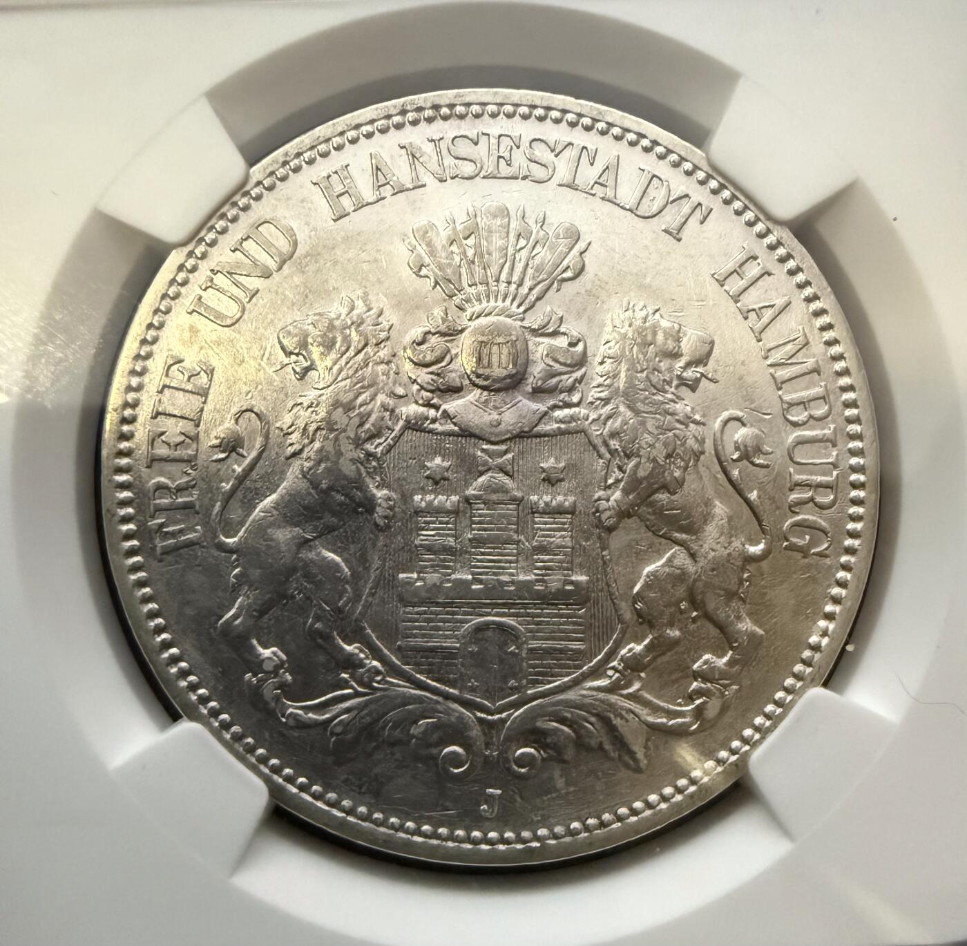 【周六 19:30】乾藏阁外国银币专场・裸币 / 评级币 + 银章铜章 保真包老 德国1893年J厂汉堡自由市5马克银币 NGC XF Details