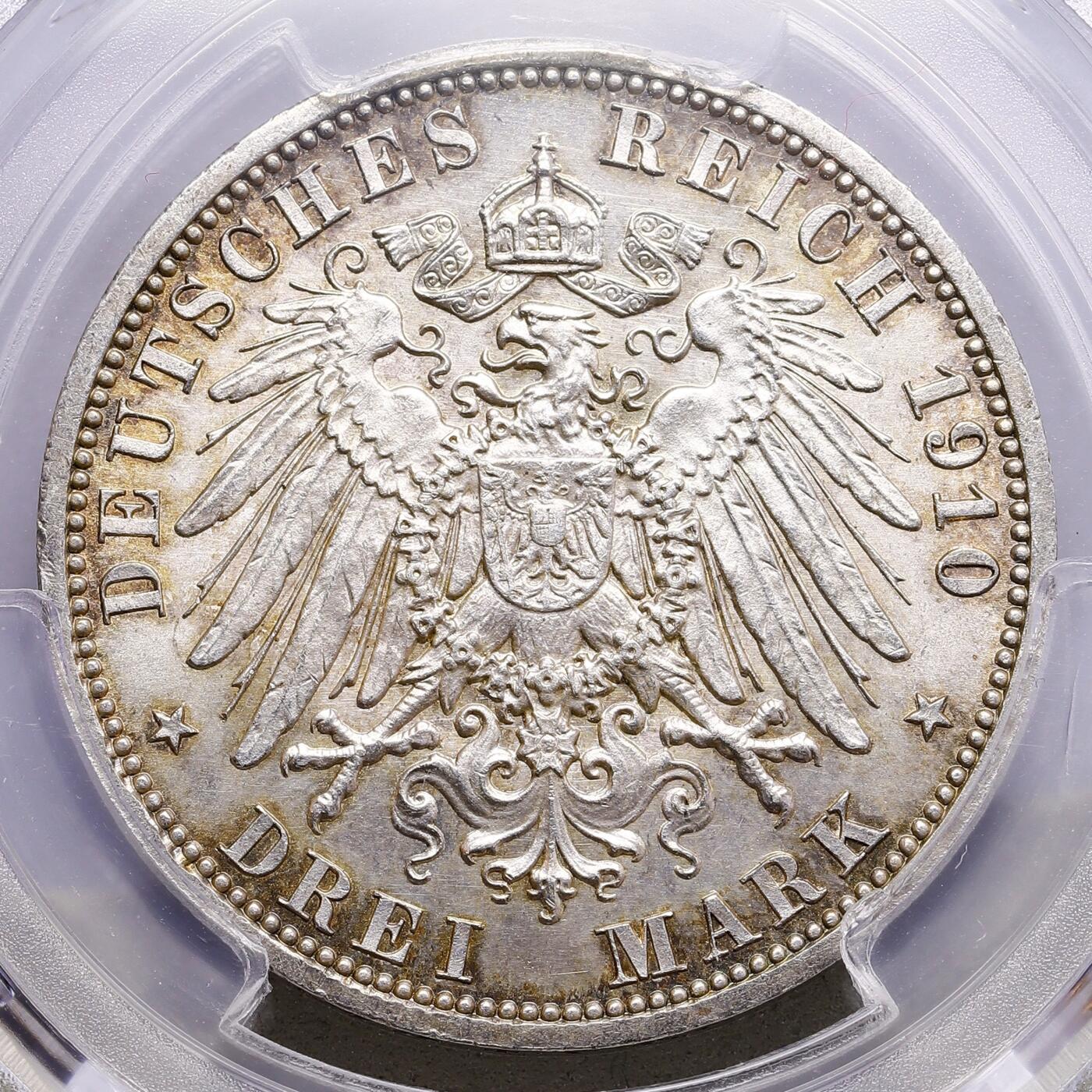 观钱 近现代机制币拍卖No.009（全场顺丰包邮，不区分偏远地区）  1910-A 德国吕贝克自由市 3 马克银币 PCGS MS65（双头鹰及背面帝国长翅鹰帅气精致，底板带金色彩包浆）