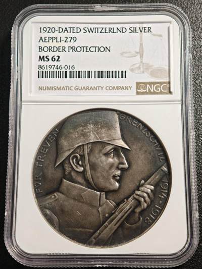 【德藏】世界币章拍卖第170期（拍品征集中~欢迎藏友联系） 1920年 瑞士卢塞恩边境守护纪念银章 深彩包浆 人物传神 少见品种 NGC MS62