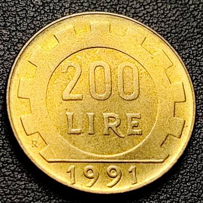 泉币菌-第230场-拍品多 请提前出价 原铜光极美 意大利1991年200里拉 丰收女神 齿轮 铝青铜币 外国硬币 24mm 