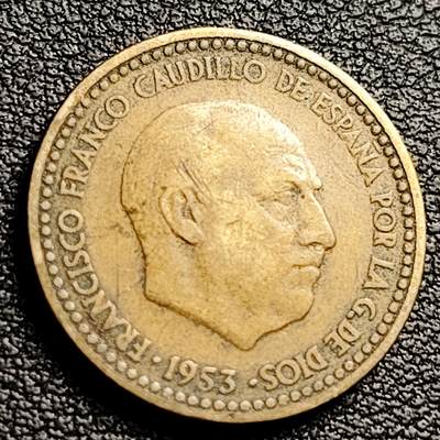 泉币菌-第230场-拍品多 请提前出价 西班牙1953年1比塞塔 独裁者佛朗哥 铝青铜币 硬币 21mm A