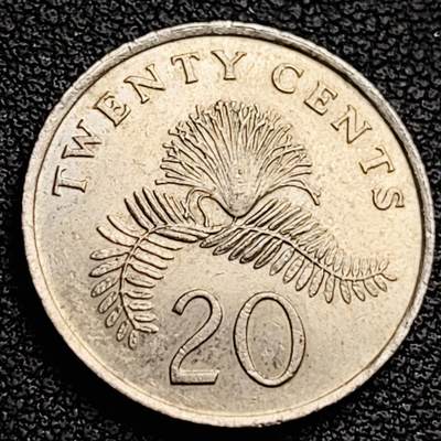 泉币菌-第230场-拍品多 请提前出价 1985 高币值 新加坡20分 绒球花 高盾徽版 直径21.36mm