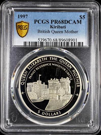 【雨安】【直播拍卖】【评级币章-132期】 2026-04-25 周六 19:30 (金价1050, 银价18.60)  [评级现代] Kiribati 基里巴斯 5元 1997年 王太后 PCGS-PR68DCAM 精制币