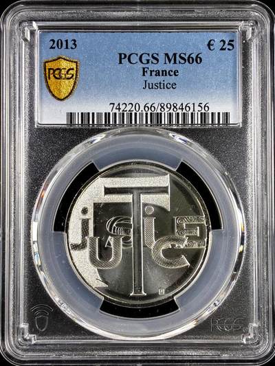 【雨安】【直播拍卖】【评级币章-132期】 2026-04-25 周六 19:30 (金价1050, 银价18.60)  [评级欧元] France 欧元 法国 25欧元 2013年 正义  PCGS-MS66