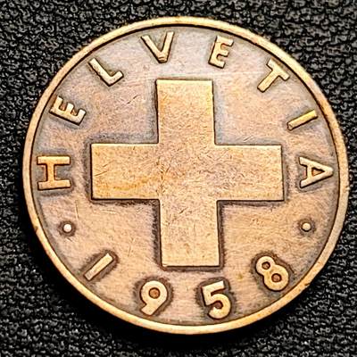泉币菌-第230场-拍品多 请提前出价 瑞士1958年2生丁青铜硬币 十字 美穗麦子 20毫米 2.5克