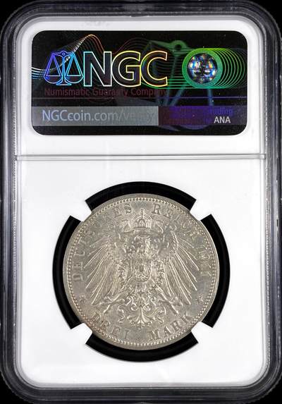 【雨安】【直播拍卖】【评级币章-132期】 2026-04-25 周六 19:30 (金价1050, 银价18.60)  [评级德国] Germany 德国 帝国 J.177a 符腾堡 3马克 (1911) 银婚 1911年  NGC-MS63