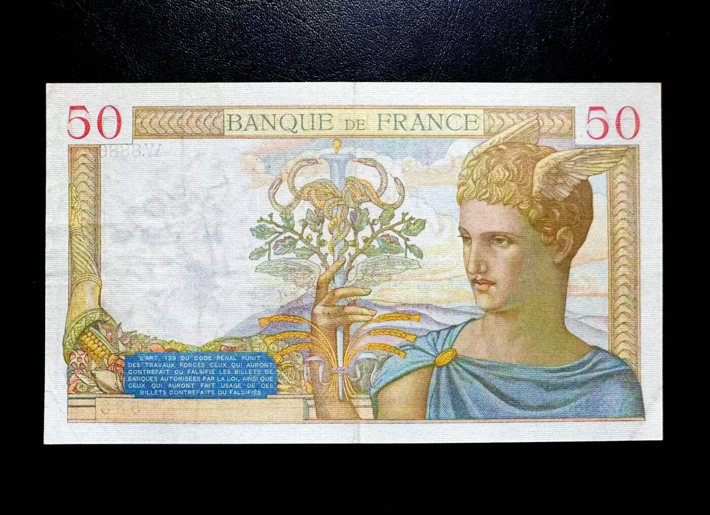 【Blue Auction】世界纸币精拍第812期——18级TOP拍卖/信誉/品质/专业/高效💫 【无47】法国 1938年50法郎 XF品相 墨丘利 