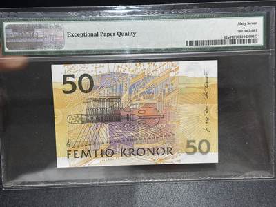《外钞收藏家》第六百二十九期（精品场）（长期征集拍品、欢迎藏友们联系合作） 1996-2008年瑞典50克朗 初版 夜莺 PMG67 尾88