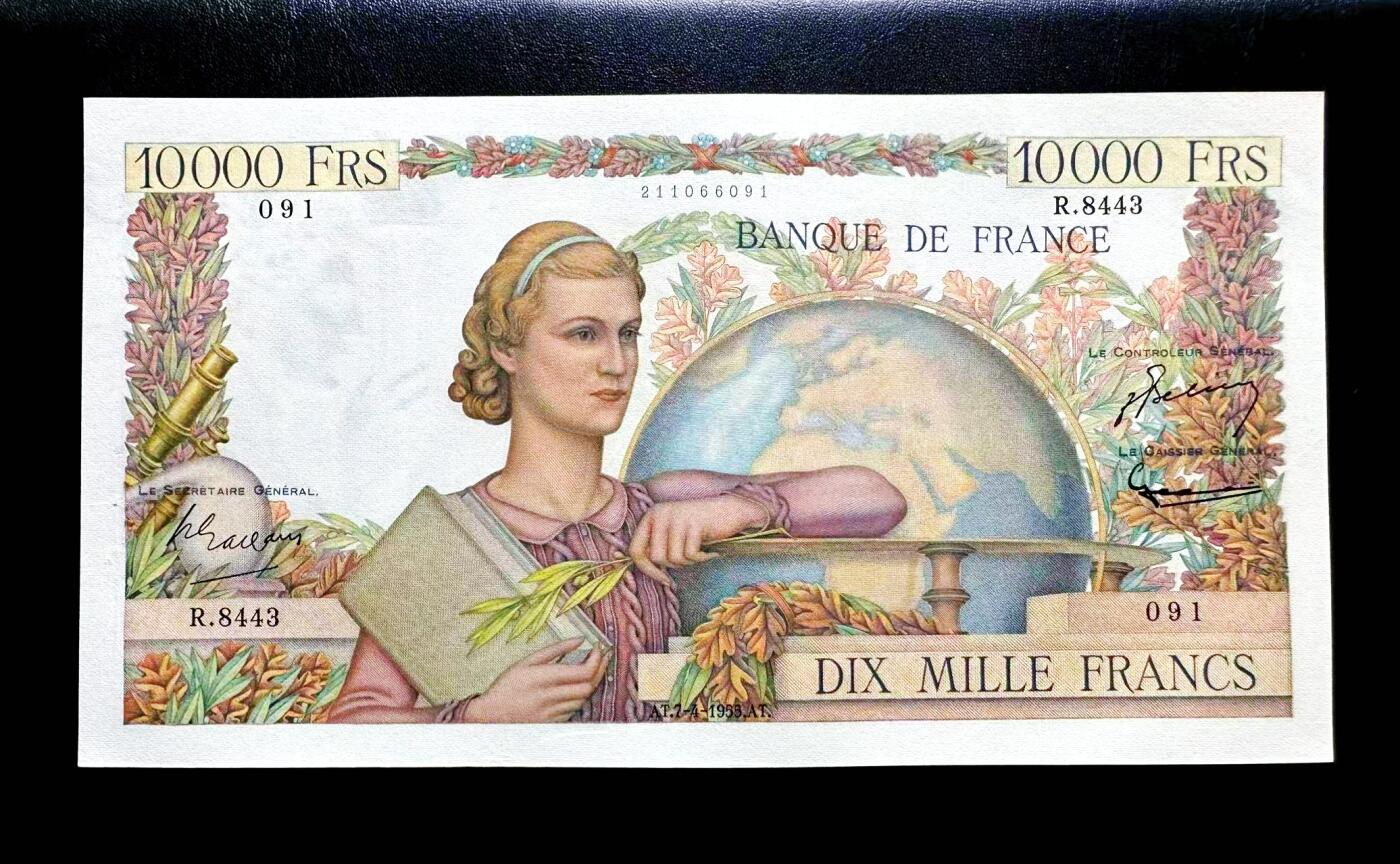 【Blue Auction】世界纸币精拍第812期——18级TOP拍卖/信誉/品质/专业/高效💫 【倒置号】法国 1953年10000法郎 地球女神 超大票幅 AU+